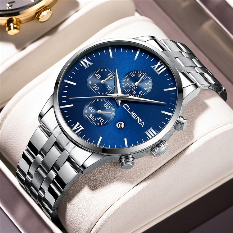 Orologio Uomo Cronografo Quarzo - Quadrante Blu Acciaio, Pelle Marrone, Impermeabile 30m, Regalo Con Scatola