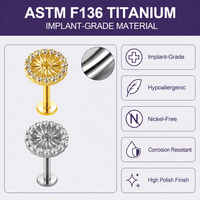 Piercing Labret à dos plat en Titane ASTM F136 avec Fleur CZ Halo Ronde, Or et Argent, pour Cartilage, Bijoux de Corps, Vente en Gros