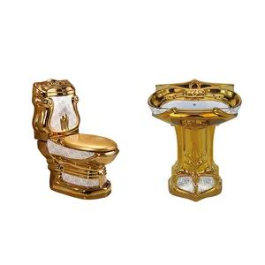 Wastafel Toilet dua potong, Set Toilet emas, kursi Toilet, wastafel kamar mandi, dua potong, keramik Vintage, mewah