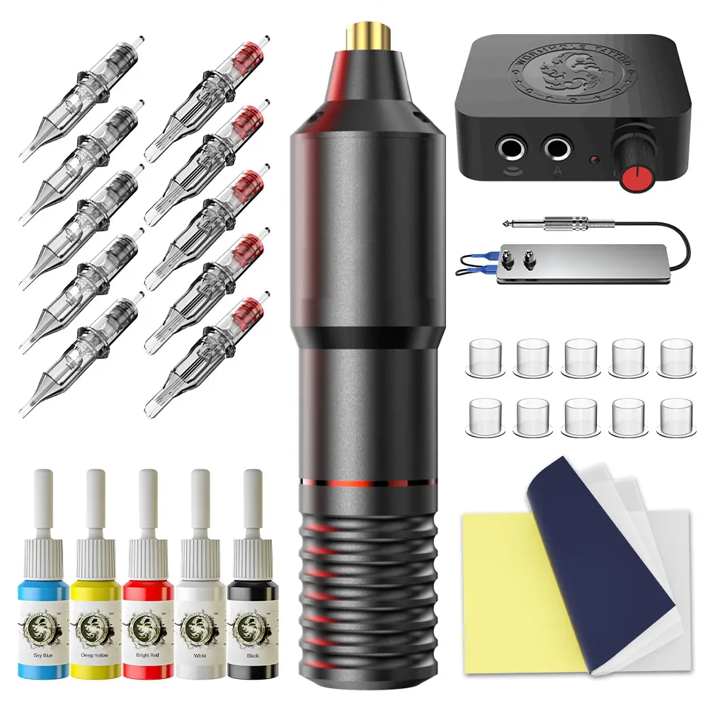 2024 New Hand-Tattoo-Stift-Set RCA Haken Augenbraue Haut Kosmetik Energieversorgung Tinte Transfer Papier Pedal Nadel Kartusche Tattoo-Set