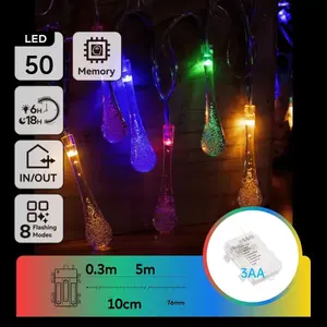 Cadena de luces decorativas LED en forma de gota de lluvia, funciona con pilas 3AA, RGBY, 5 m, ideal para crear ambiente en fiestas y eventos. - Product Image 1