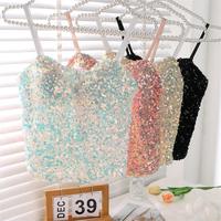 Camisole d'été brodée de sequins pour femme, sexy, dos nu, avec coussinets de poitrine, haut, sous-vêtement, débardeur