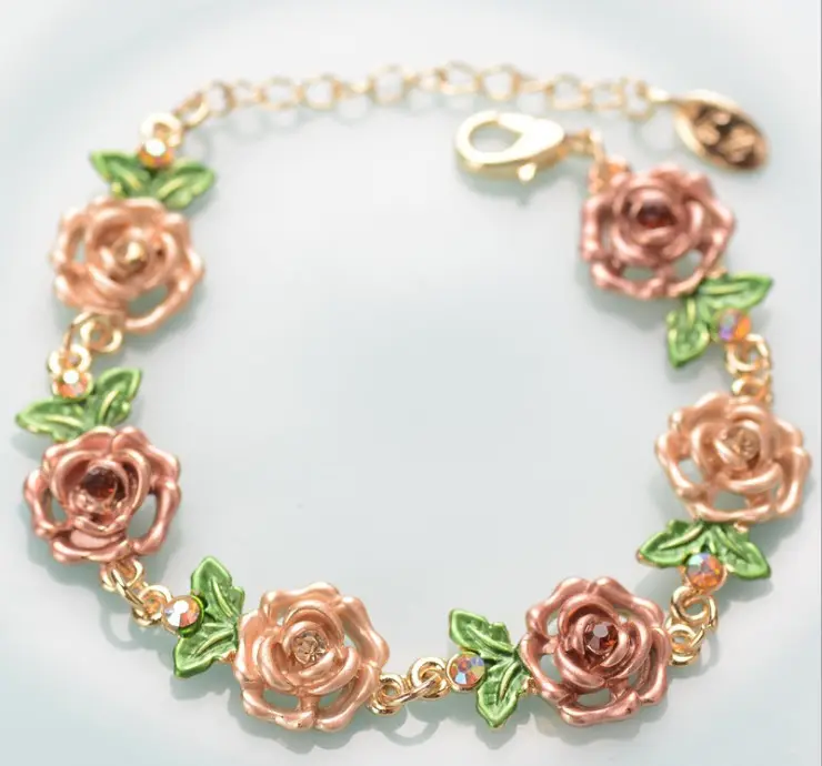 Wedding red gold rose flower bead stainless steel vintage bracelet for women