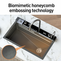 Haut de gamme moderne cascade multifonction bol unique ferme 304 acier inoxydable carré noir sous plan éviers de cuisine intelligents