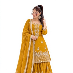 Ensemble Sharara en Georgette brodé jaune moutarde avec dupatta pour femmes - Product Image 1