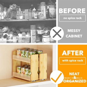 Étagère à épices coulissante en bois à double niveau pour le rangement des bouteilles et bocaux à condiments, organisateur de comptoir de cuisine - Product Image 4