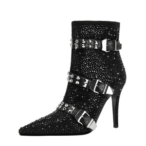 Full Diamonds Women Stiletto Thin Heels Short <b>Boots</b> Big Size 46 Belt Buckles Luxury Shoes Dress Wide Fit Ankle Booties - Product Image 3