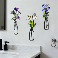 Buntglas-Metall-Wildblumen-Vase Wandbehang Ausgeschnittene Blumen-Wandkunst Ornament-Set für Innenräume Wohnzimmer Heim-Wanddekoration Geschenk