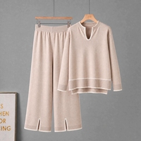 Ensemble deux pièces pour femmes, pull en tricot à col en V à manches longues, pantalon large à fentes, tenue décontractée deux pièces, 2 pièces pour femmes