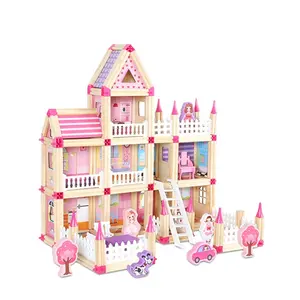 298 PCS Casa De Muneca粉色微型木制玩具积木娃娃屋女童木