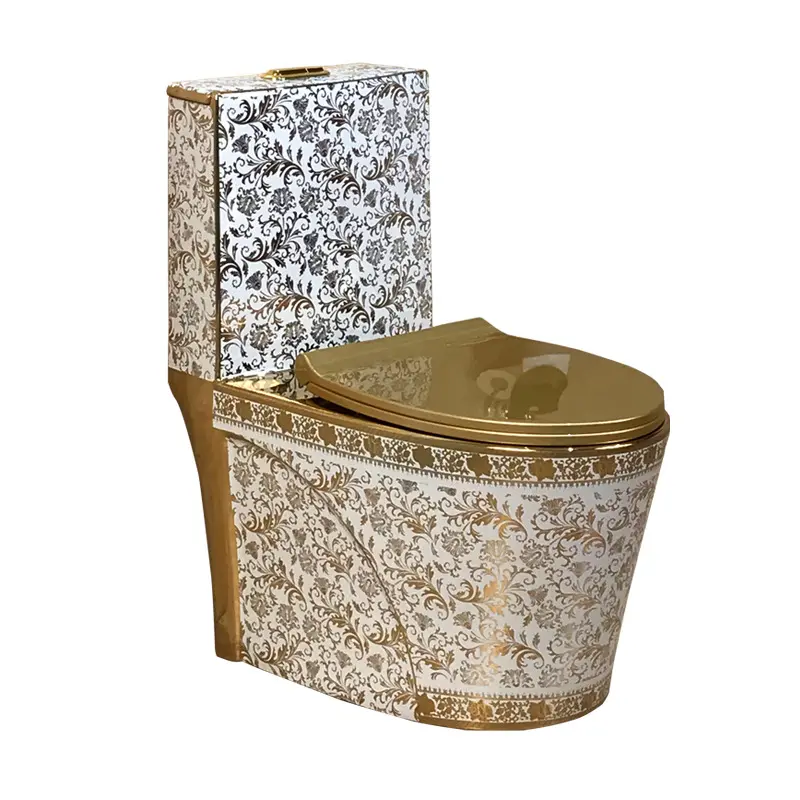Pola warna-warni dilapisi emas lantai dipasang kamar mandi Closestool emas antik keramik Toilet