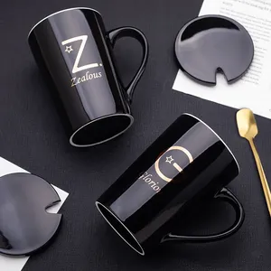 Venta al por mayor de tazas de cerámica negra de 12 oz <span class=keywords><strong>con</strong></span> logotipo dorado, tazas altas de porcelana y cuchara para café, <span class=keywords><strong>leche</strong></span> o regalos para agua hirviendo - Product Image 4