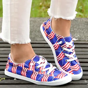 SW-009 Terbaru 2023 Musim Semi Baru Datang Floral dan Amerika Bendera Cetak Sepatu Kanvas untuk Wanita Kasual Nyaman Sneaker Datar