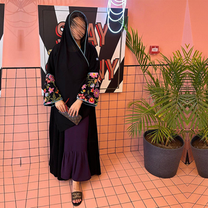 Dubai New Design Black Opne Abaya Wholesale Multicolor Floral Embroidery Sleeve <strong>Hooded</strong> Kimono Abaya Muslim <strong>Cardigan</strong> - Product Image 5