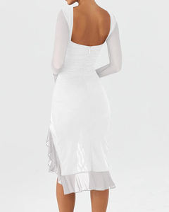 Robe élégante pour <span class=keywords><strong>soirée</strong></span>, club, femme, en maille unie, manches longues, plissée, moulante, mi-longue, ourlet asymétrique à volants, fente haute - Product Image 6