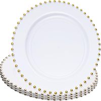Assiettes de mariage en plastique avec perles dorées 7,5 10,5 13 pouces, sous-assiettes transparentes blanches robustes pour la décoration de banquets nuptiaux