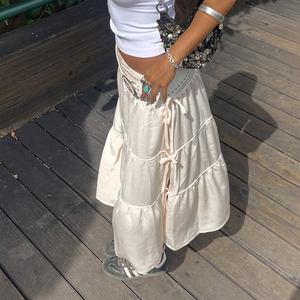 Jupe midi tissée pour femme, style cargo streetwear, avec nœud décoratif, à lacets et fente latérale, décontractée pour les vacances et les stations balnéaires, été, écologique - Product Image 3