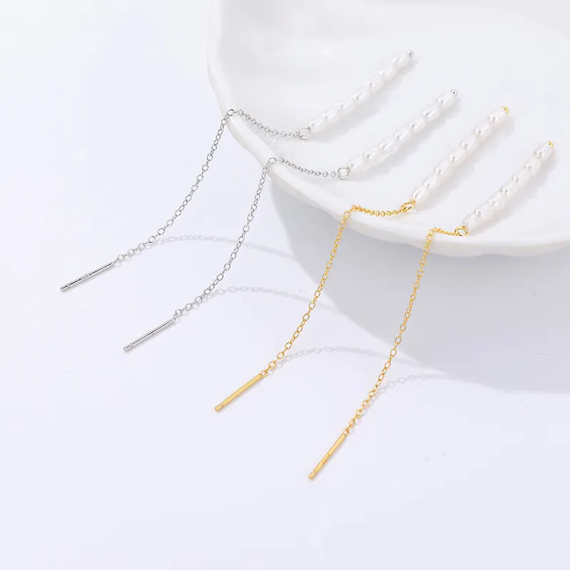 Элегантные модные 925 стерлингового серебра 18 карат Позолоченные жемчужные длинные серьги с кисточками на цепочке Висячие серьги для женщин