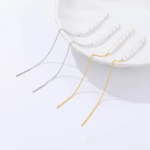 Elegant Trendy 925 Sterling Silver 18K Gold Plated Pearl Long Tassel Chain Dangle Drop Threader Earrings For Women