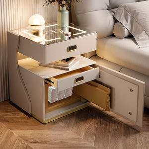 Mesita de Noche Inteligente Moderna con Caja Fuerte, Carga Inalámbrica, Cerradura de Huella Digital, Bluetooth, Madera, LED, para <span class=keywords><strong>Dormitorio</strong></span> - Product Image 1