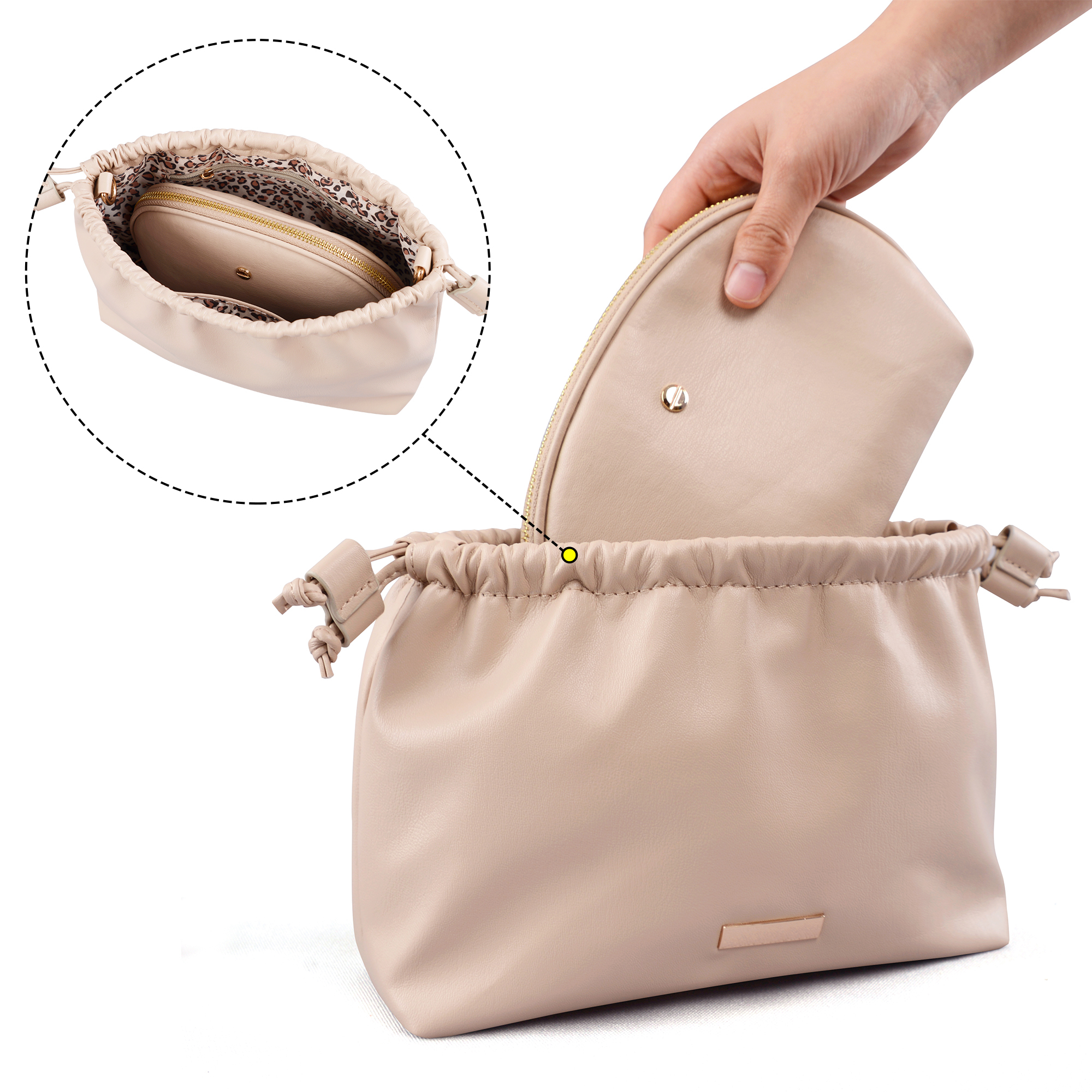 PU Leather Drawstring Bucket Bag with Detachable Pouch