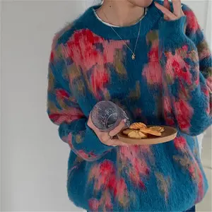 Wholesale customized retro tie dyed round neck loose fitting casual knit top