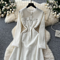 Robe élégante blanche en dentelle pour femme, style A, décontractée, manches longues, col rond, longueur midi, pour tous les jours