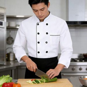Chef Uniform Cotton Workwear Short Sleeve Black Trim Restaurant Catering Hotel <b>Kitchen</b> Use - Product Image 2