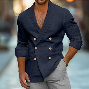 Nouvelle <span class=keywords><strong>chemise</strong></span> à manches longues et à double boutonnage de couleur unie pour hommes, haut à <span class=keywords><strong>col</strong></span> châle, mode Sehe - Product Image 3