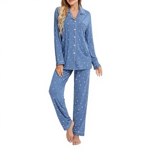 Conjunto de Pijama de Manga Larga con Estampado de Estrellas Azules para Mujer, Cintura Elástica, 100% Algodón, Transpirable, de Secado Rápido, Pantalones Largos, Cuello Camisero - Product Image 1