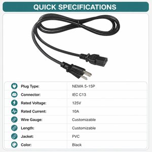 สายไฟ AC 3 ขา แบบ NEMA 5-15P ต่อ IEC C13 สายไฟคอมพิวเตอร์ 18AWG 10A 125V สำหรับเดสก์ท็อป พีซี มอนิเตอร์ เครื่องพิมพ์ - Product Image 1