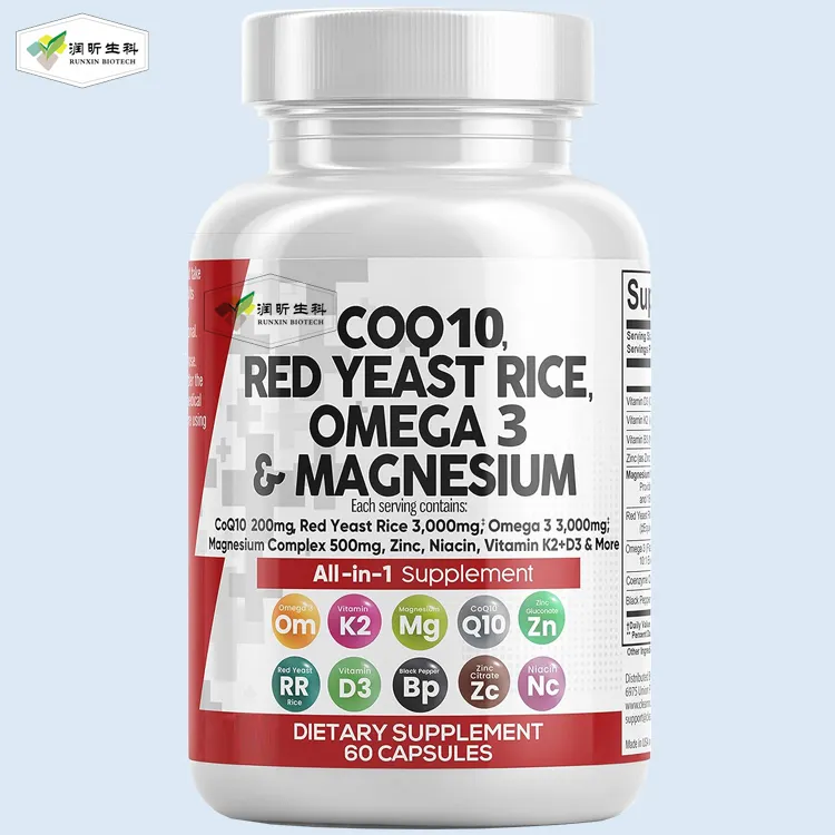 Santé cardiaque Vitamines Oméga 3 Levure de riz rouge Complexe de magnésium COQ10 Coenzyme Q10 capsule