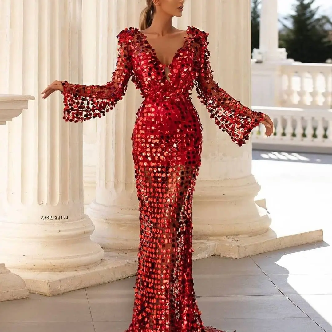 Gaun malam merah di istanbul gaun malam lengan panjang gaun pesta dansa elegan sederhana payet seksi