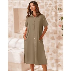 Robe chemise femme d'été décontractée à manches courtes boutonnée longueur midi avec poches en tissu tissé respirant - Product Image 3