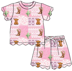 Set pigiama per bambini con stampa cactus rosa, top a maniche corte con volant + pantaloncini, completo estivo per bambine - Product Image 1