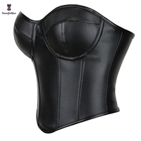 Bustier Gainant Noir Uni Sans Bretelles et Rembourré en Cuir Véritable pour Femme, Grandes Tailles, Sous-vêtement Lingerie Intime Crop Top
