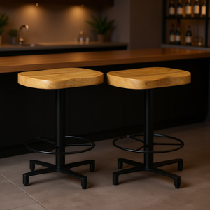 Tabourets de bar en bois de manguier massif avec structure en métal noir, design industriel moderne pour usage commercial - Product Image 2