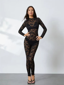 <span class=keywords><strong>Tuta</strong></span> Intera <span class=keywords><strong>Nera</strong></span> Sexy ed <span class=keywords><strong>Elegante</strong></span> da Donna 2026, Nuova Collezione Estiva, in Pizzo Jacquard Scavato Trasparente a Maniche Lunghe e Vestibilità Slim - Product Image 3
