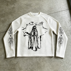 <span class=keywords><strong>T</strong></span>-<span class=keywords><strong>shirt</strong></span> da <span class=keywords><strong>uomo</strong></span> in cotone pesante a maniche lunghe, taglio cropped e vestibilità squadrata, in maglia waffle, con stampa digitale grafica personalizzata, di lusso e <span class=keywords><strong>termica</strong></span> - Product Image 1