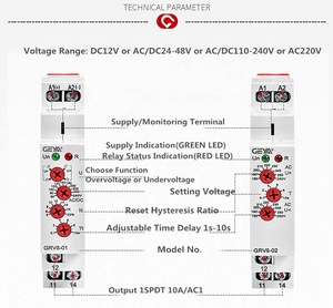 Relé de Protección de Sobretensión y Subtensión Monofásico GEYA Din Rail GRV8-01 10A DC12V 24V 48V 110V 240V - Product Image 5