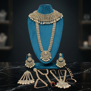 Rose Gold Plated Bridal Jewelry <b>Set</b> With Green Zircon Stones And Imitation Pearls For Women Wedding Classic Style D.no.195 - Product Image 2