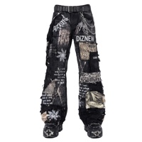 DIZNEW Jean patchwork noir évasé à franges denses, patch léopard, imprimé craquelé, logo gothique, broderie épines, avant-gardiste, personnalisé