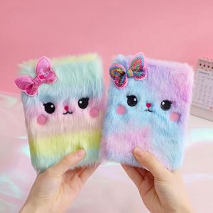 Cartoon <b>Cat</b> & Girl Printed Notebook Mini Cute Animal Soft Fur <b>Plush</b> Sewing Binding Children's Birthday Gift - Product Image 3
