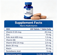 Multivitamines quotidiennes pour hommes OEM avec vitamine D, zinc, acide folique et vitamines B pour soutenir l'énergie physique, 200 comprimés