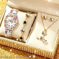 Jam Tangan Wanita Modis Set Perhiasan Jam Tangan Kuarsa Wanita Tali Elastis Motif Bunga Reloj Mujer (Tanpa Kotak)