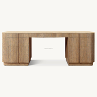 Bureau de direction haut de gamme avec plateau en marbre chêne foncé, design moderne et minimaliste, profil incurvé, double piétement, bureau artisanal pour le bureau à domicile