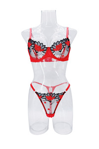 Conjunto de Lencería de Encaje con Bordado Floral Rojo, Sujetador con Aros y Tanga de Malla Transparente, Conjunto de 2 Piezas, Ropa Interior Sexy para Mujer - Product Image 5