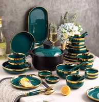 Juego de Vajilla Europeo Ecológico Personalizado Color Esmeralda para Restaurante y Hotel, 5 Piezas, Platos de Porcelana Esmaltada con Borde Dorado, Aptos para Microondas