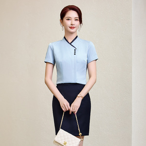 Hotel Uniform Short Sleeve Shirt With Skirt Blue Polyester Cotton Summer 2025 Workwear For Receptionist Flight Attendant - Product Image 3