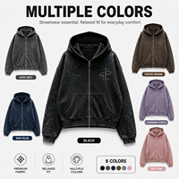 Sweat-shirt à capuche zippé personnalisé avec logo OEM, strass, effet vintage délavé, motif étoile, streetwear, délavé à l'acide pour homme